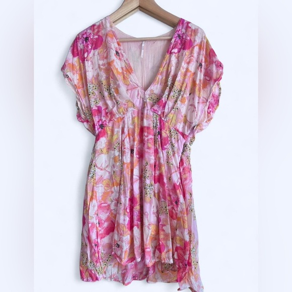 Free People Womens Pink Floral Freddy Tie Fruit Punch Boho Mini Dress Small - Picture 12 of 16